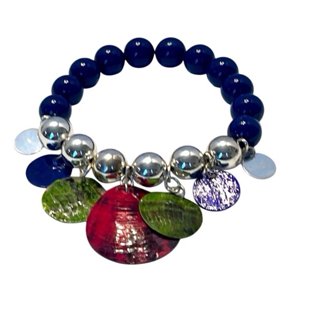 Stretch Trinket Bracelet. Blue & Silver beads with Red & Green Acrylic Discs